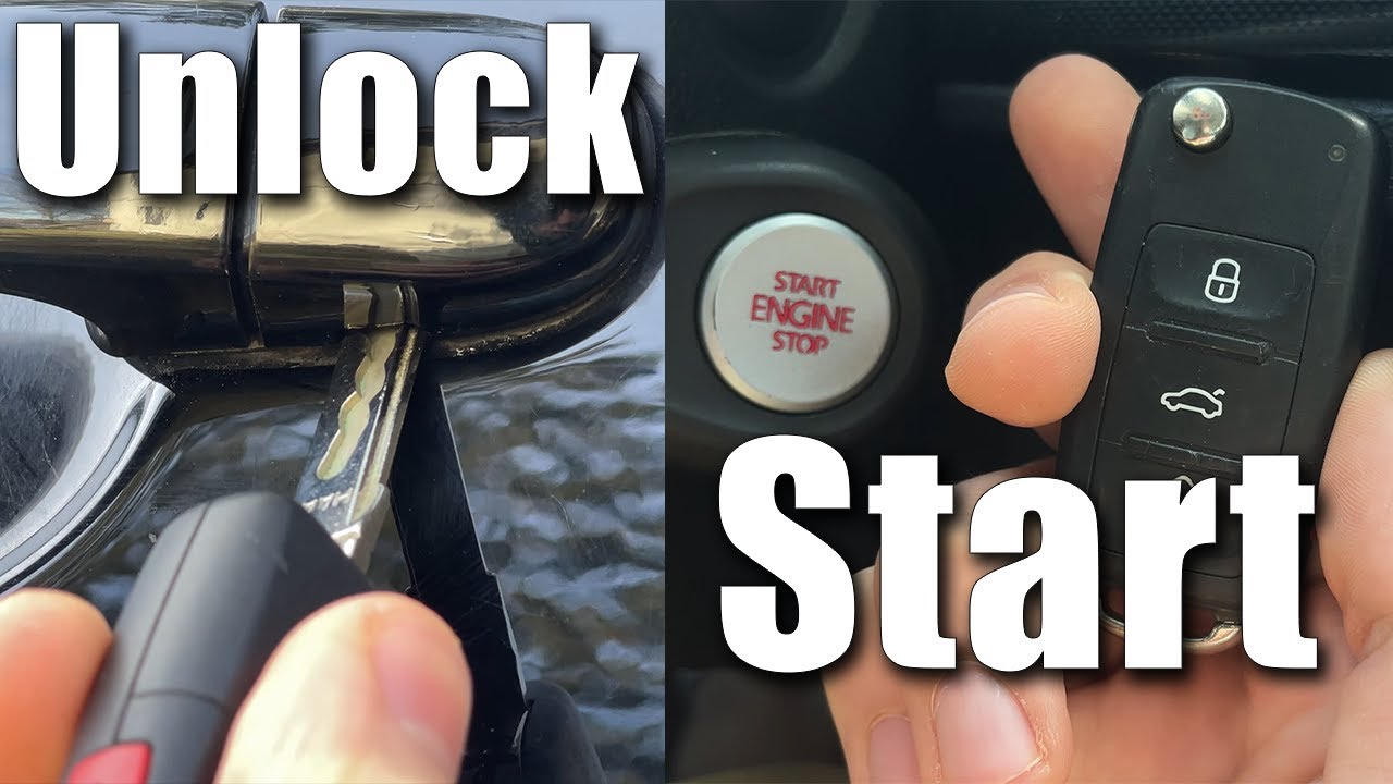 Emergency metal key in a door handle, and a key fob held near a start-engine button